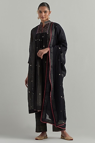 Black Chanderi Block Printed Gathered Kurta Set by Ikshita Choudhary