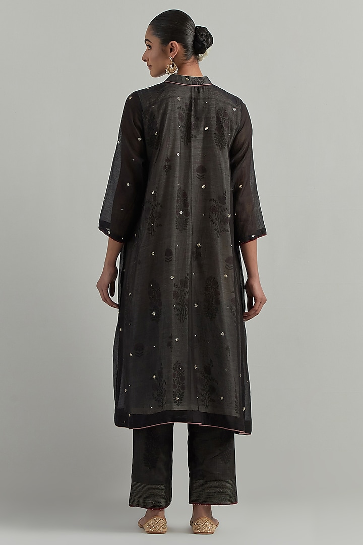 Black Chanderi Block Printed Gathered Kurta Set by Ikshita Choudhary at Pernia's Pop Up Shop