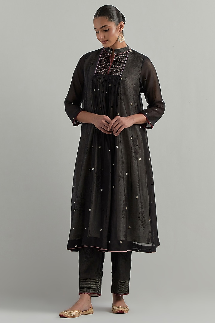 Black Chanderi Block Printed Gathered Kurta Set by Ikshita Choudhary at Pernia's Pop Up Shop