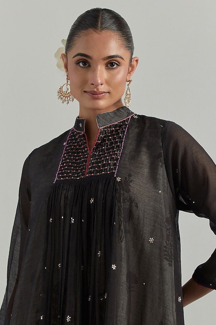 Black Chanderi Block Printed Gathered Kurta Set by Ikshita Choudhary at Pernia's Pop Up Shop