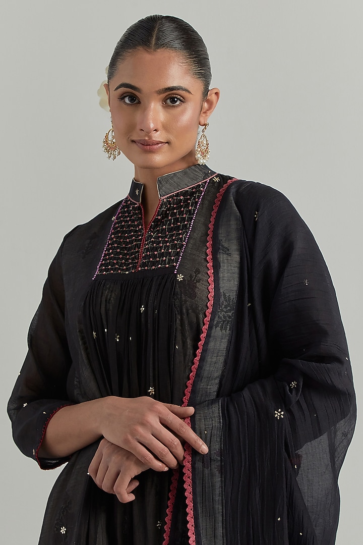 Black Chanderi Block Printed Gathered Kurta Set by Ikshita Choudhary at Pernia's Pop Up Shop