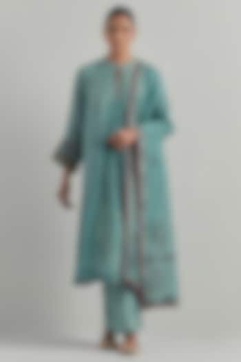 Sky Blue Chanderi Block Printed Gathered Kurta Set by Ikshita Choudhary at Pernia's Pop Up Shop