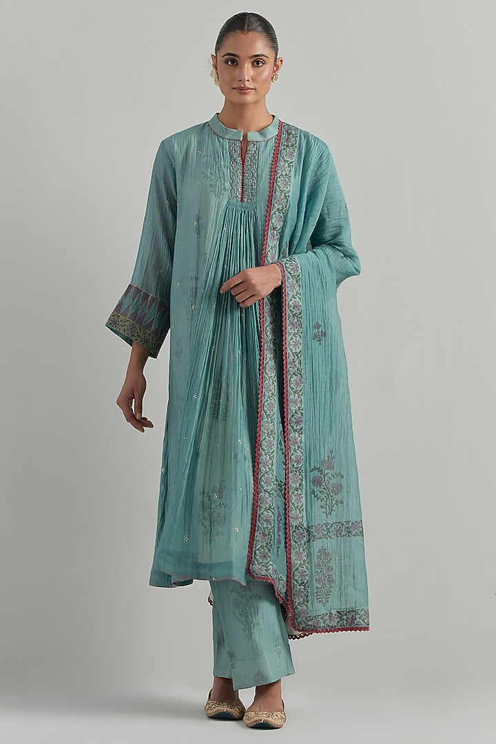 Sky Blue Chanderi Block Printed Gathered Kurta Set by Ikshita Choudhary at Pernia's Pop Up Shop