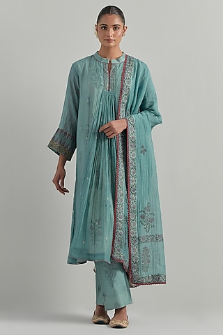Sky Blue Chanderi Block Printed Gathered Kurta Set by Ikshita Choudhary