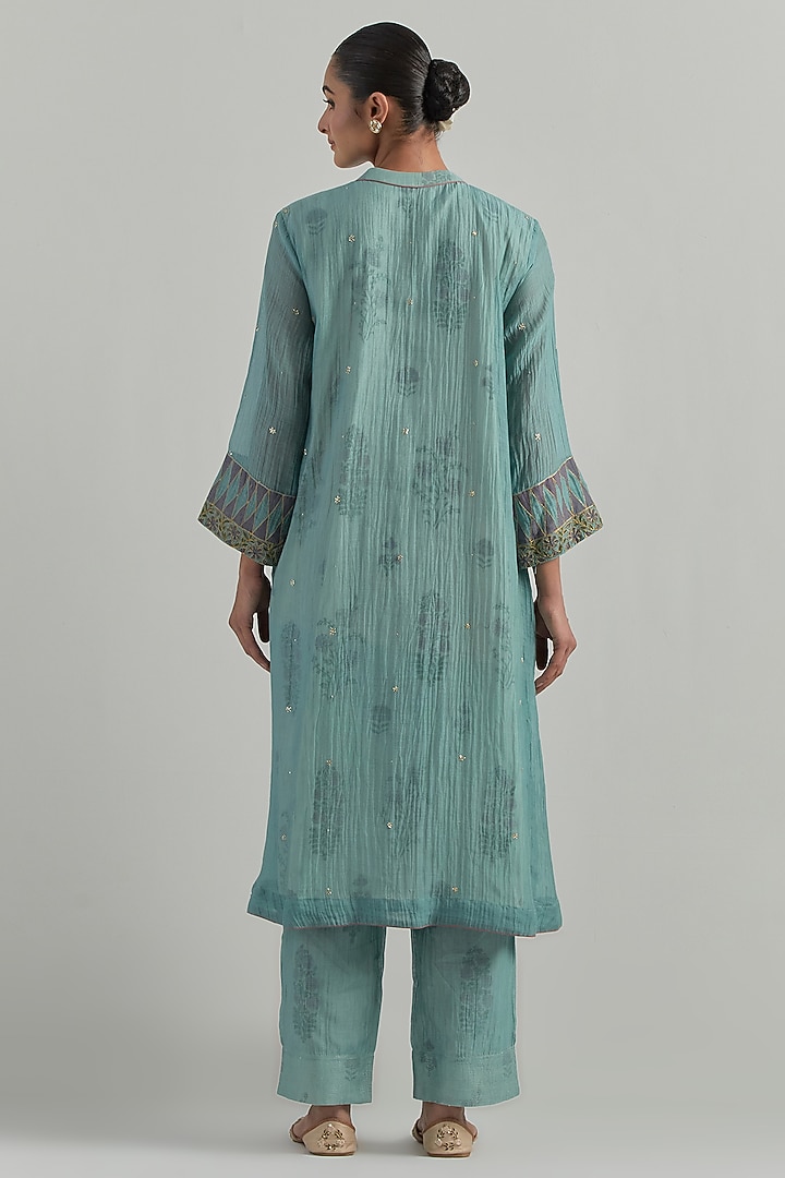 Sky Blue Chanderi Block Printed Gathered Kurta Set by Ikshita Choudhary at Pernia's Pop Up Shop