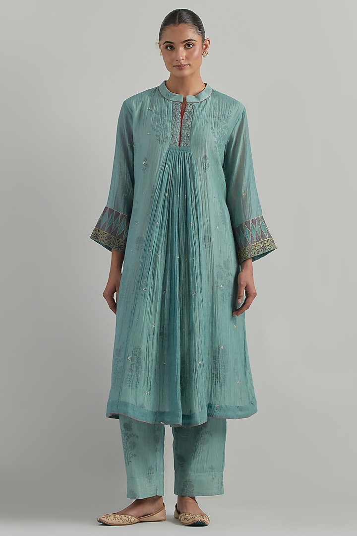 Sky Blue Chanderi Block Printed Gathered Kurta Set by Ikshita Choudhary at Pernia's Pop Up Shop