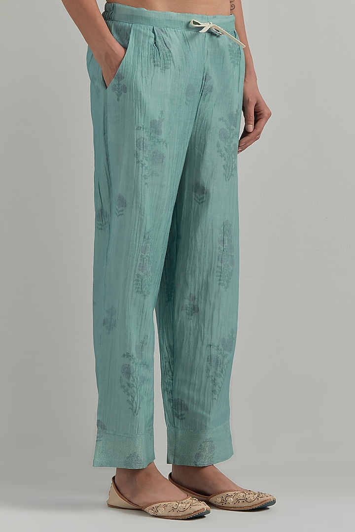 Sky Blue Chanderi Block Printed Gathered Kurta Set by Ikshita Choudhary at Pernia's Pop Up Shop