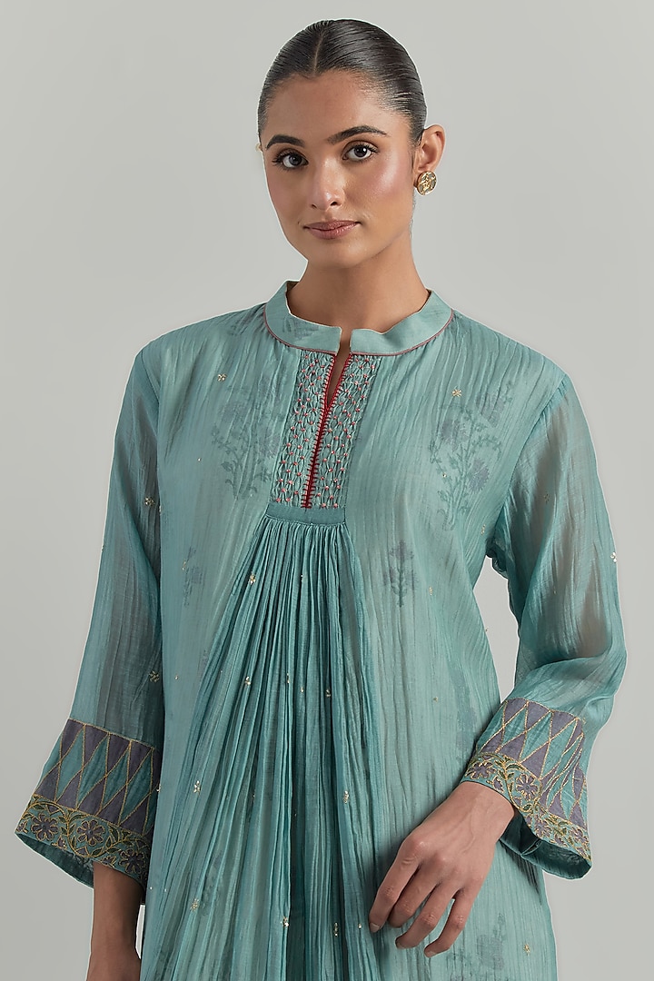 Sky Blue Chanderi Block Printed Gathered Kurta Set by Ikshita Choudhary at Pernia's Pop Up Shop