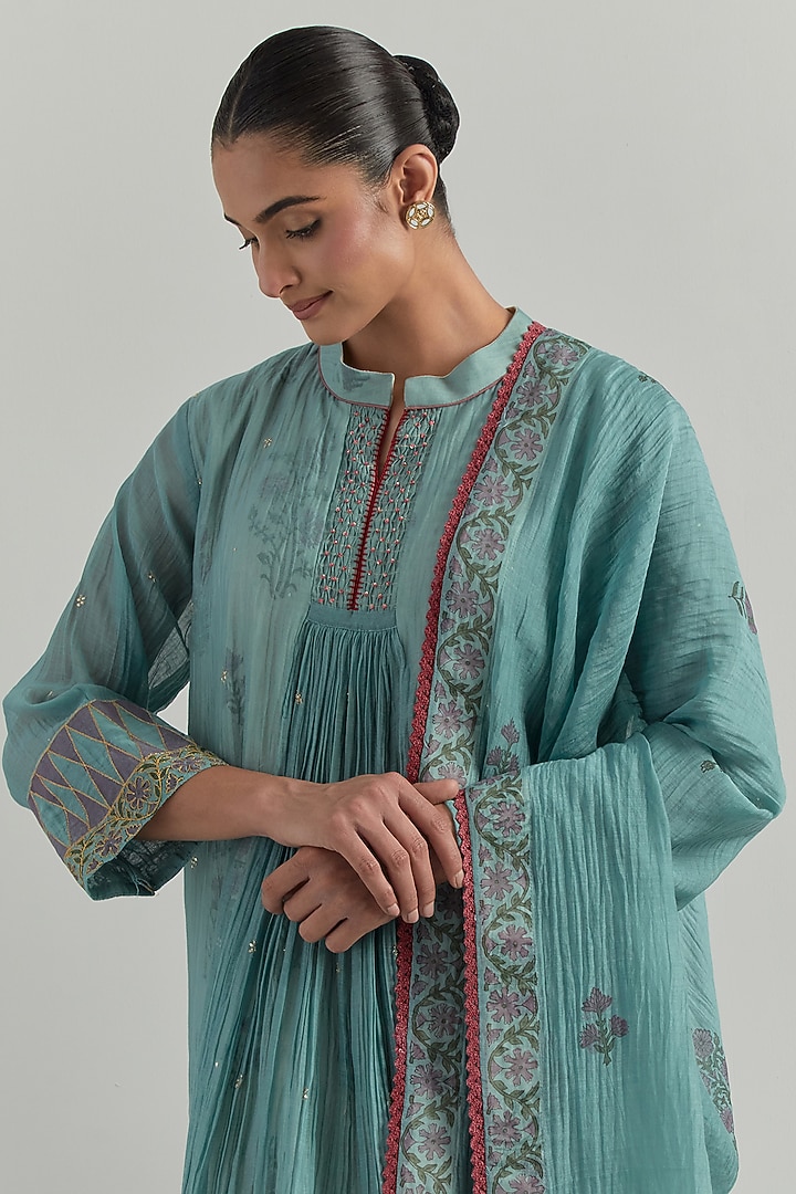 Sky Blue Chanderi Block Printed Gathered Kurta Set by Ikshita Choudhary at Pernia's Pop Up Shop