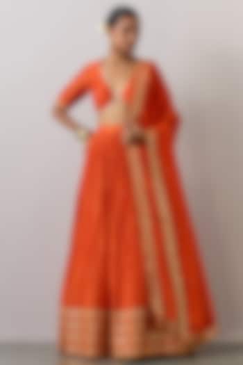 Orange Chanderi Silk Printed & Embroidered Wedding Lehenga Set by Ikshita Choudhary at Pernia's Pop Up Shop
