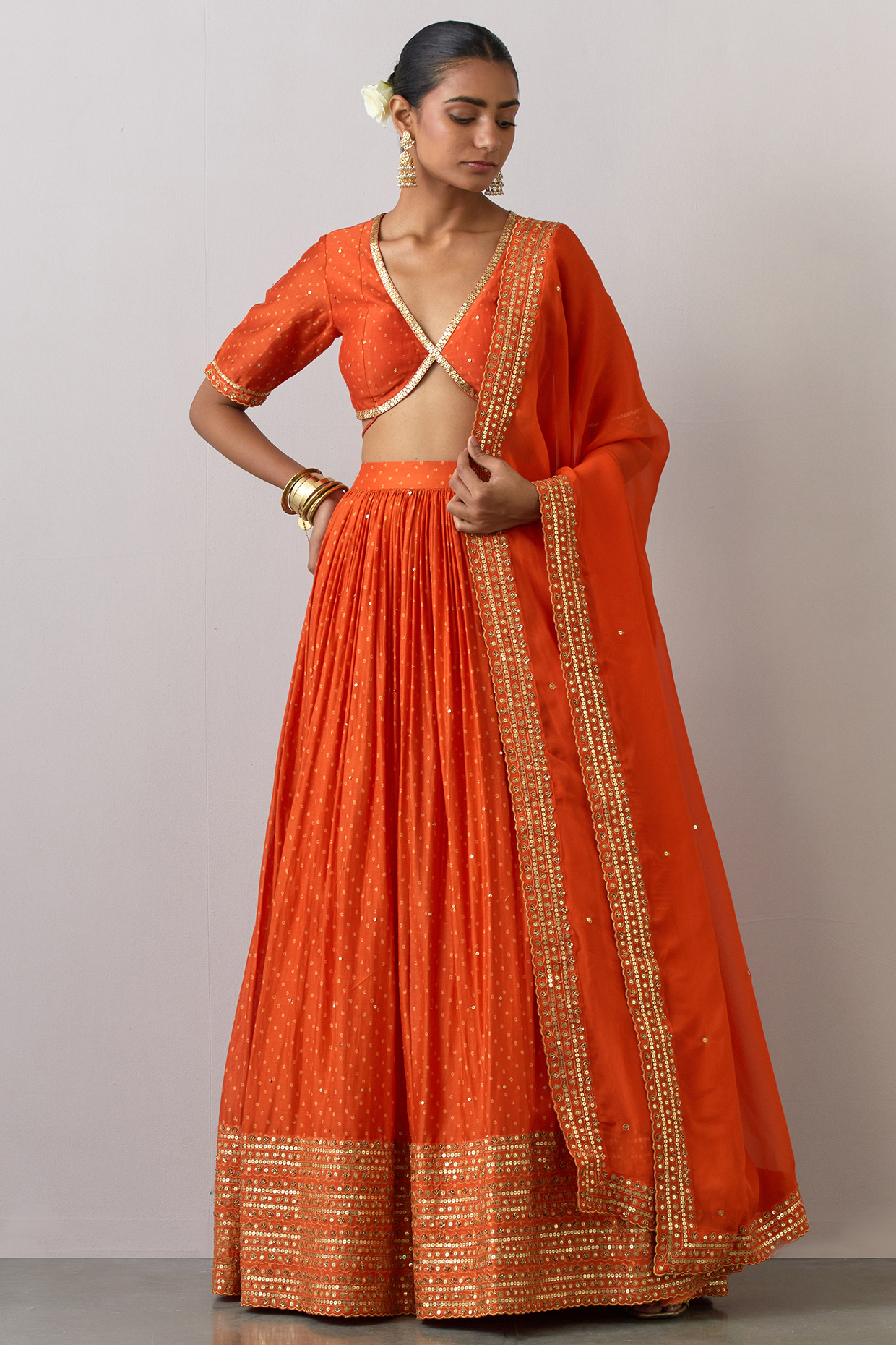 Orange Chanderi Silk Printed & Embroidered Wedding Lehenga Set by Ikshita Choudhary at Pernia's Pop Up Shop
