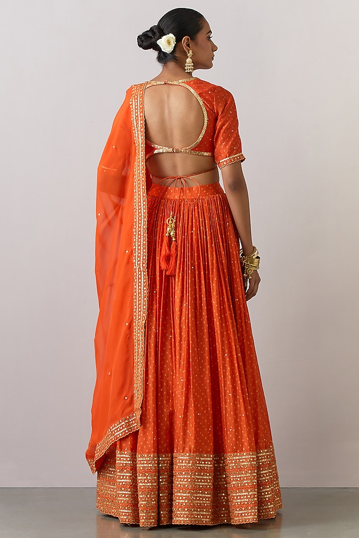 Orange Chanderi Silk Printed & Embroidered Wedding Lehenga Set by Ikshita Choudhary at Pernia's Pop Up Shop