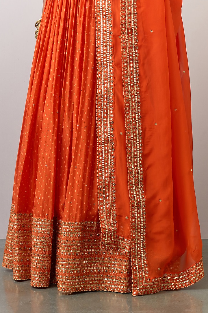 Orange Chanderi Silk Printed & Embroidered Wedding Lehenga Set by Ikshita Choudhary at Pernia's Pop Up Shop