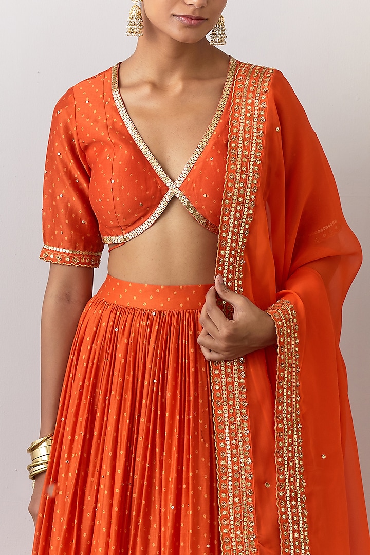 Orange Chanderi Silk Printed & Embroidered Wedding Lehenga Set by Ikshita Choudhary at Pernia's Pop Up Shop