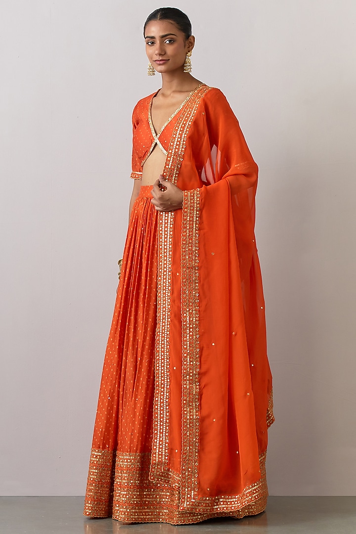 Orange Chanderi Silk Printed & Embroidered Wedding Lehenga Set by Ikshita Choudhary at Pernia's Pop Up Shop