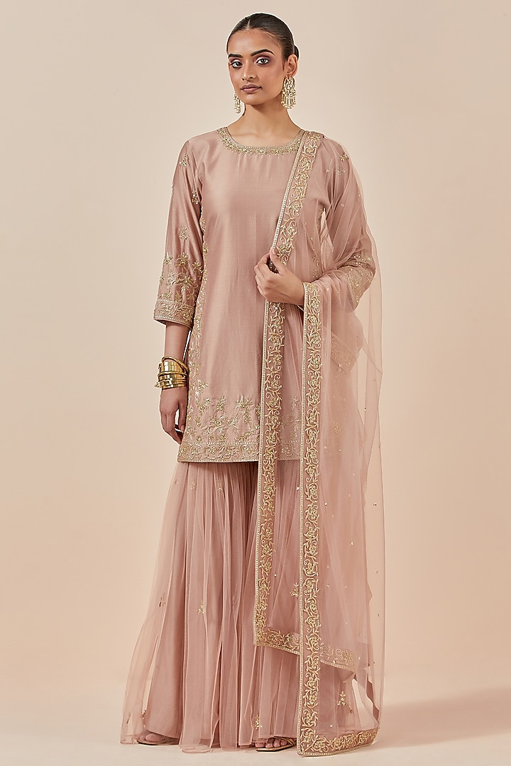 Dust Pink Net Gharara Set by Ikshita Choudhary at Pernia's Pop Up Shop