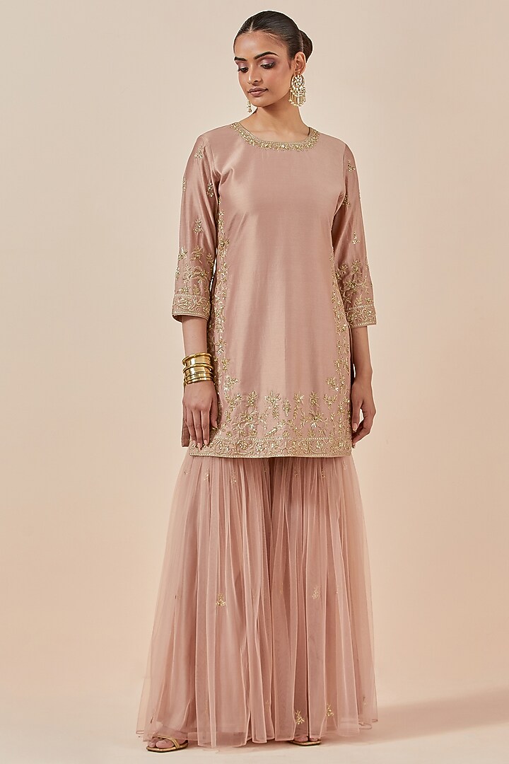 Dust Pink Net Gharara Set by Ikshita Choudhary at Pernia's Pop Up Shop