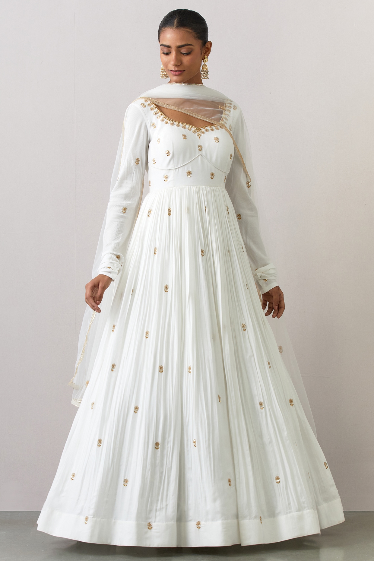 K.K.FAB & FASHION Women's White Anarkali Style Long Gown Kurta Set with  Dupatta.