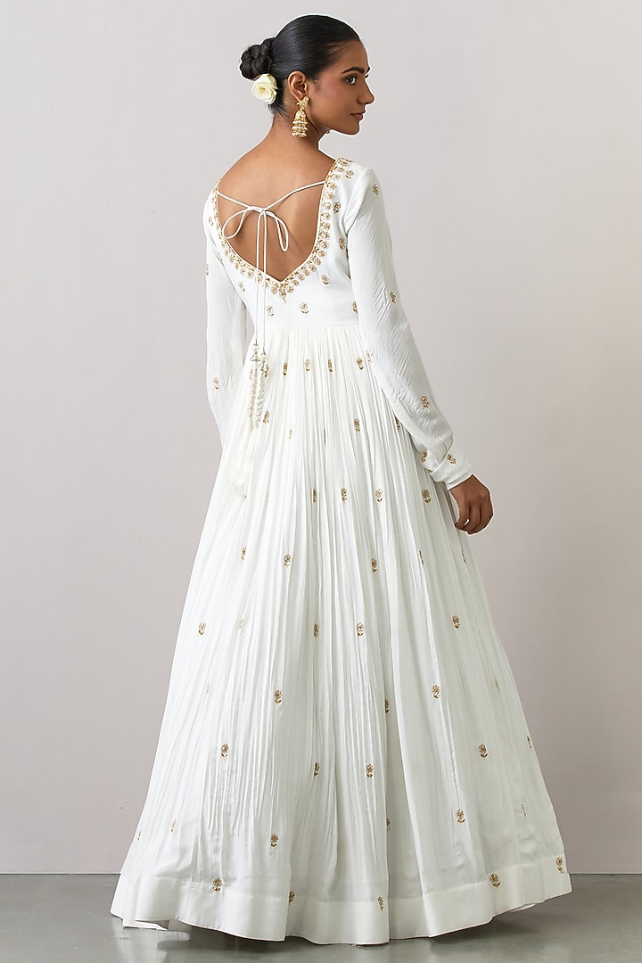 White Modal Cotton Embroidered Wedding Anarkali Set by Ikshita Choudhary at Pernia's Pop Up Shop