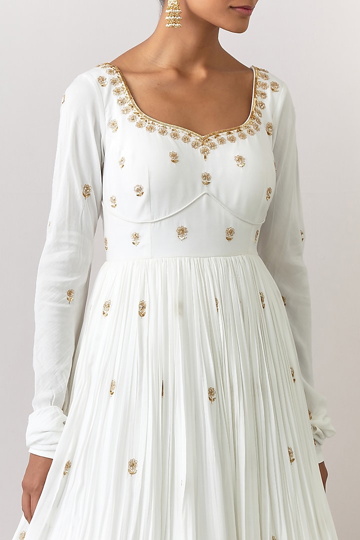 White Modal Cotton Embroidered Wedding Anarkali Set by Ikshita Choudhary at Pernia's Pop Up Shop