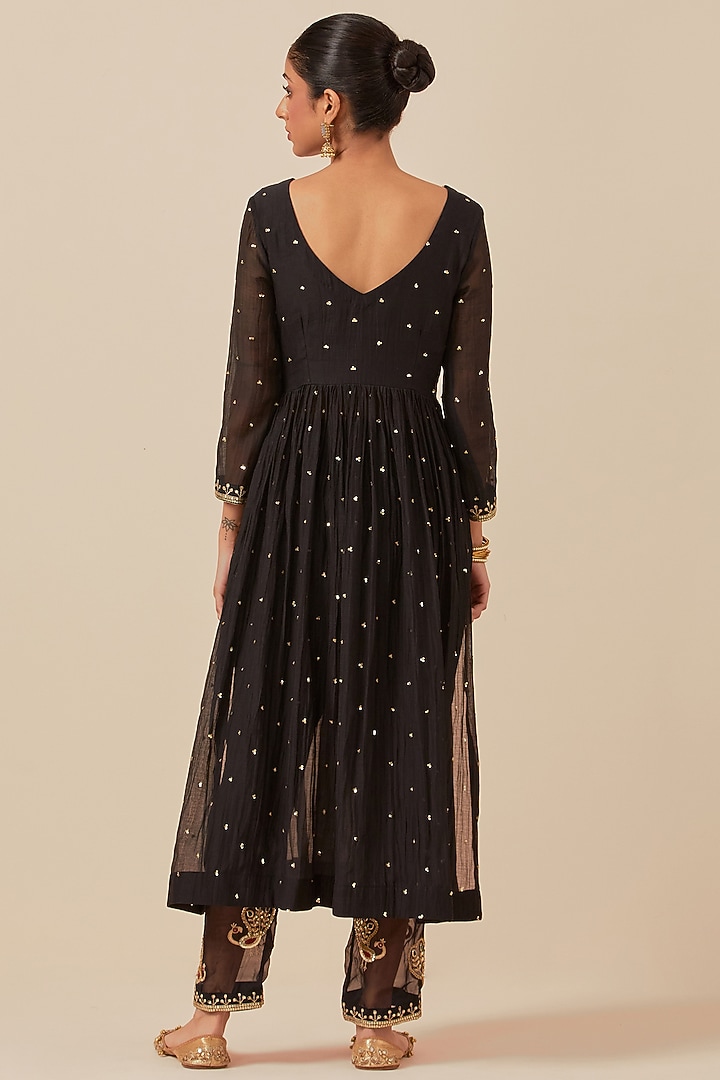 Black Chanderi Hand Embroidered Half-Cut Party Wear Anarkali Set by Ikshita Choudhary at Pernia's Pop Up Shop