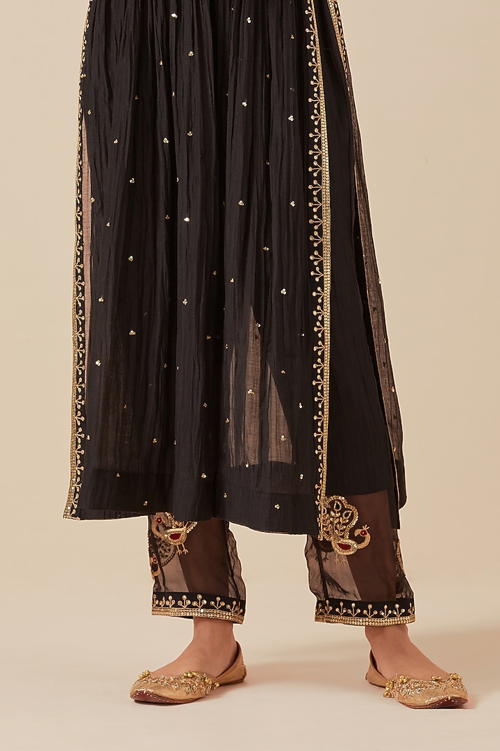Black Chanderi Hand Embroidered Half-Cut Party Wear Anarkali Set by Ikshita Choudhary at Pernia's Pop Up Shop