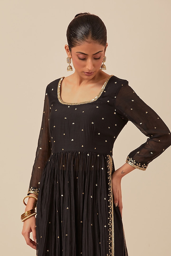 Black Chanderi Hand Embroidered Half-Cut Party Wear Anarkali Set by Ikshita Choudhary at Pernia's Pop Up Shop