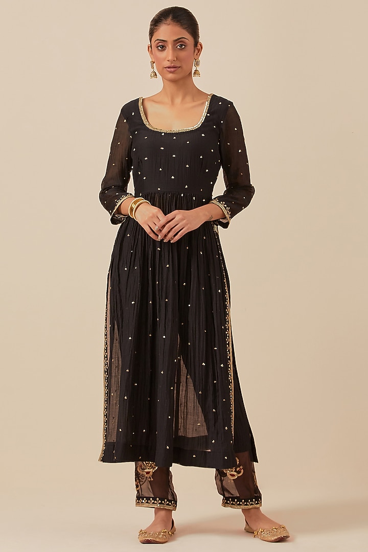 Black Chanderi Hand Embroidered Half-Cut Party Wear Anarkali Set by Ikshita Choudhary at Pernia's Pop Up Shop