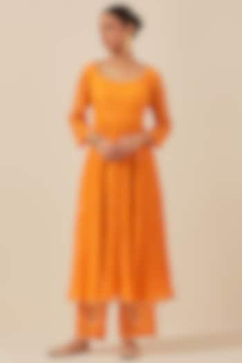 Orange Chanderi Hand Embroidered Half-Cut Anarkali Set by Ikshita Choudhary at Pernia's Pop Up Shop