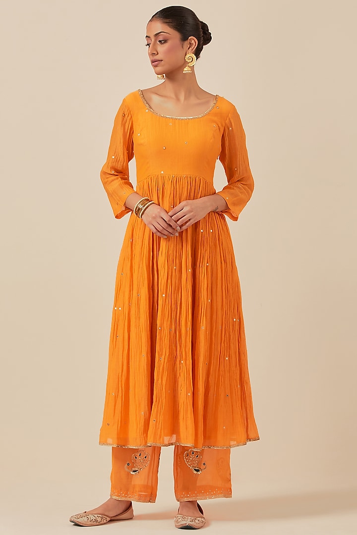 Orange Chanderi Hand Embroidered Half-Cut Anarkali Set by Ikshita Choudhary at Pernia's Pop Up Shop