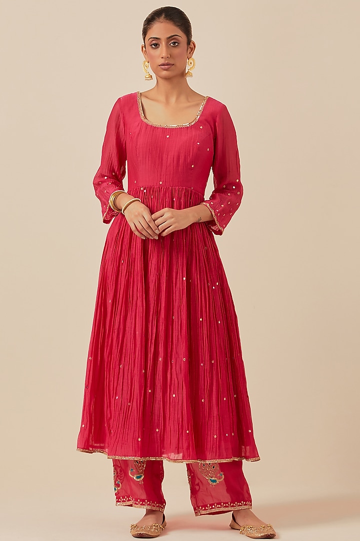 Pink Chanderi Hand Embroidered Anarkali Set by Ikshita Choudhary at Pernia's Pop Up Shop