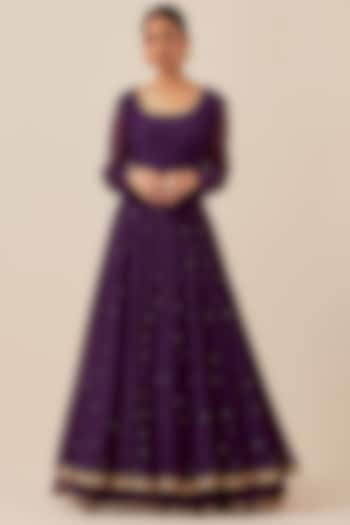 Purple Chanderi Hand Embroidered Party Wear Anarkali Set by Ikshita Choudhary at Pernia's Pop Up Shop