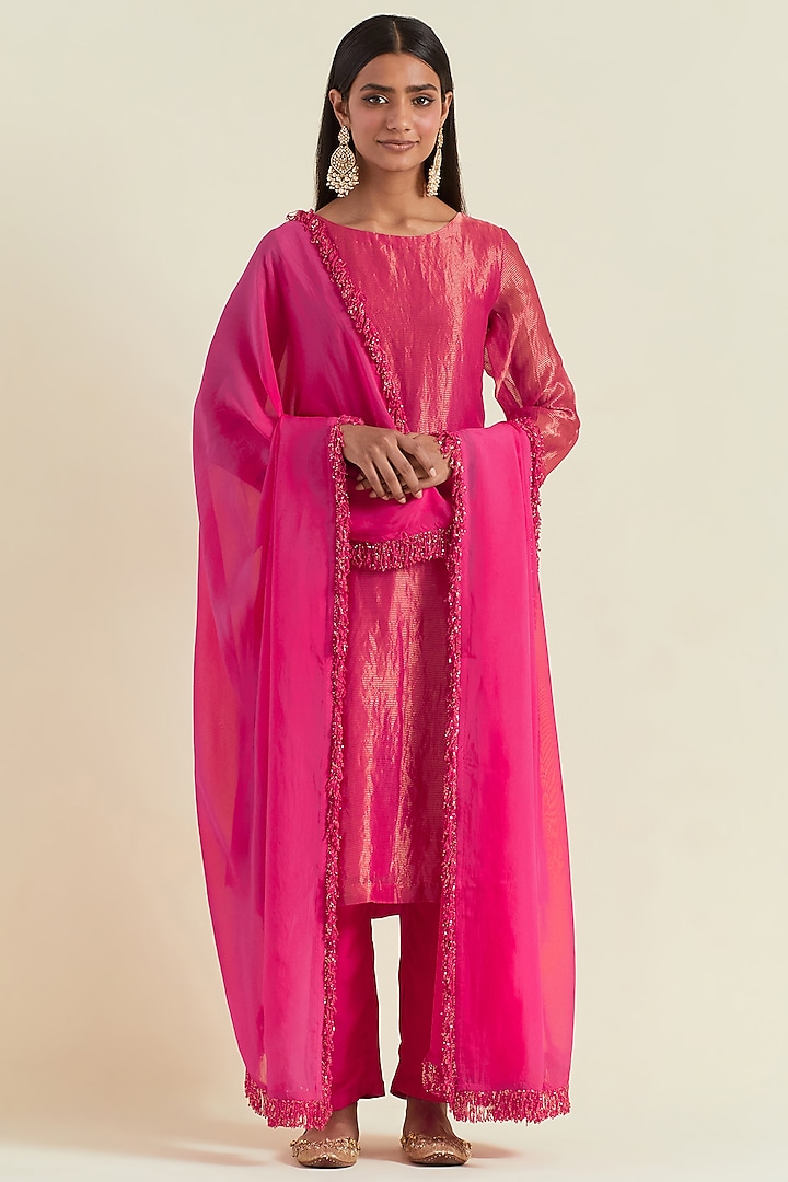 Pink Shimmer Organza Kurta Set by Ikshita Choudhary