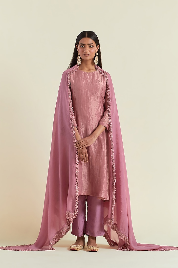 Dusty Rose Shimmer Organza Kurta Set by Ikshita Choudhary