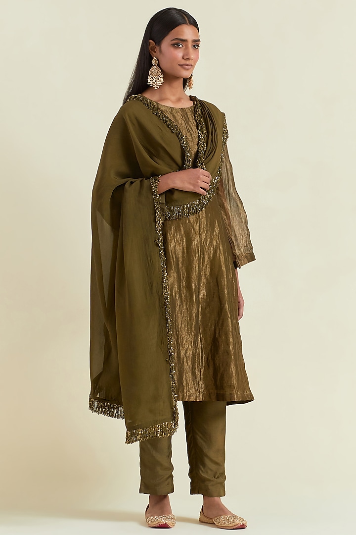 Olive Green Shimmer Organza Kurta Set by Ikshita Choudhary