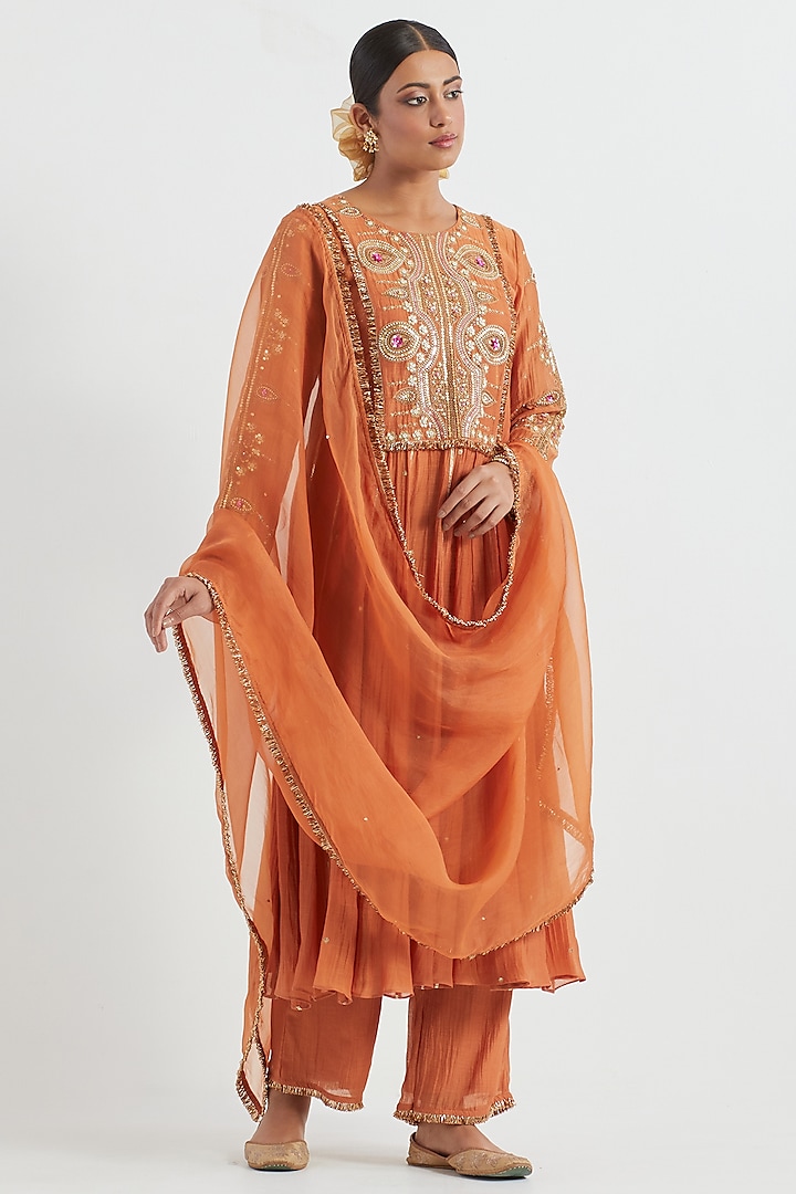 Orange Chanderi Hand Embroidered Kurta Set by Ikshita Choudhary