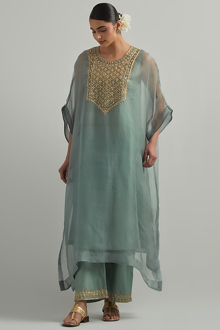 Sky Blue Organza Hand Embroidered Kaftan Set by Ikshita Choudhary at Pernia's Pop Up Shop
