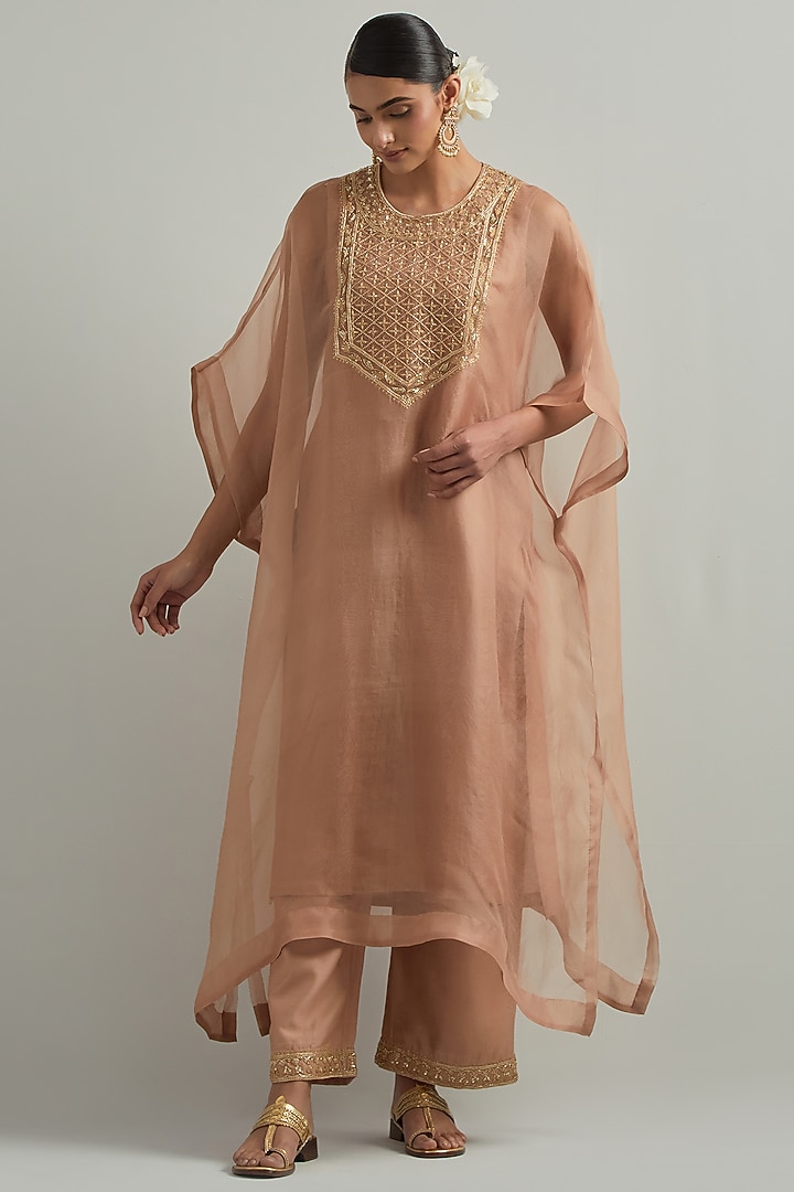 Dust Pink Organza Hand Embroidered Kaftan Set by Ikshita Choudhary at Pernia's Pop Up Shop