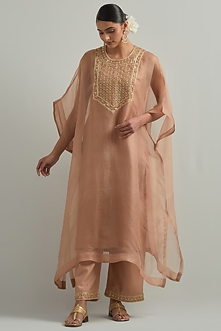 Dust Pink Organza Hand Embroidered Kaftan Set by Ikshita Choudhary
