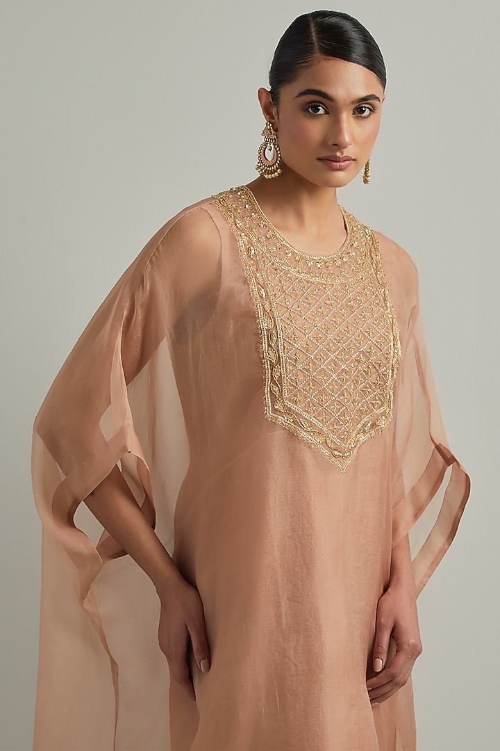 Dust Pink Organza Hand Embroidered Kaftan Set by Ikshita Choudhary at Pernia's Pop Up Shop