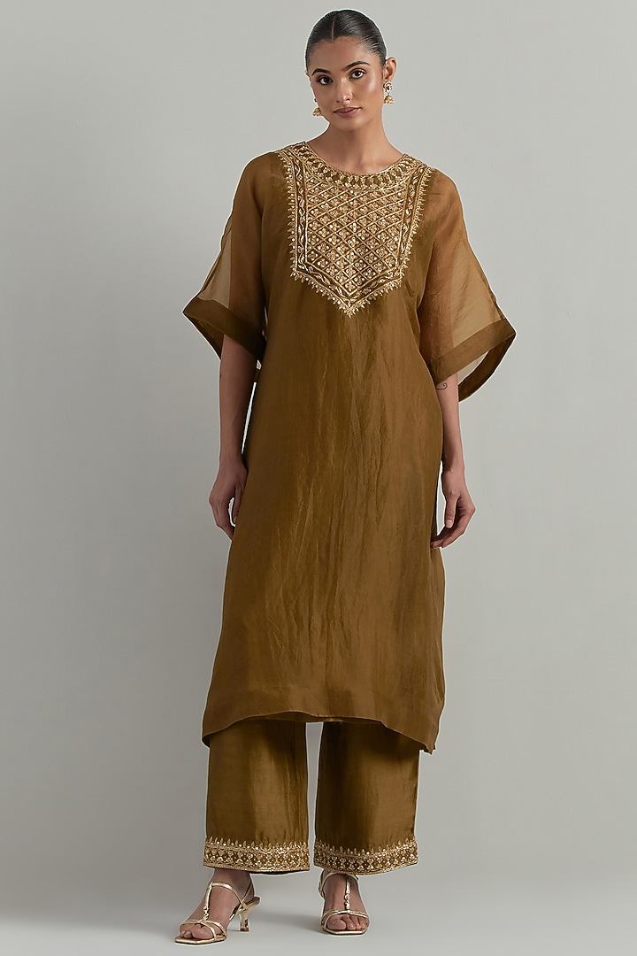 Mud Green Organza Hand Embroidered Kaftan Set by Ikshita Choudhary at Pernia's Pop Up Shop