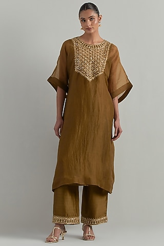 Mud Green Organza Hand Embroidered Kaftan Set by Ikshita Choudhary