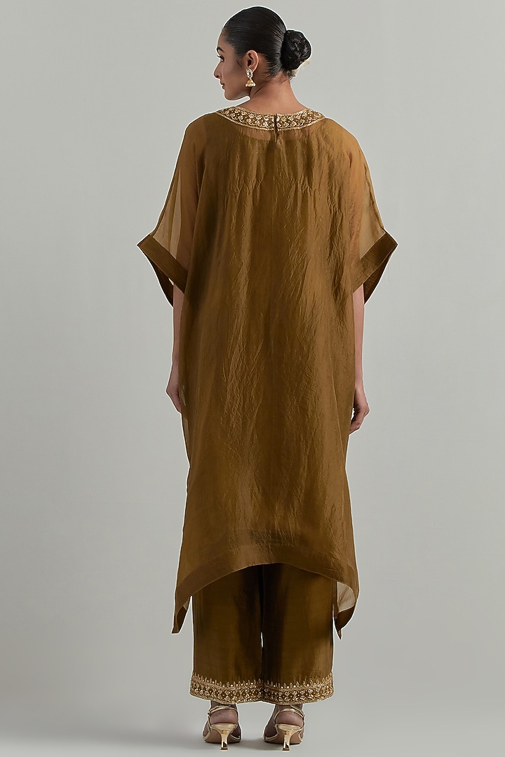 Mud Green Organza Hand Embroidered Kaftan Set by Ikshita Choudhary at Pernia's Pop Up Shop
