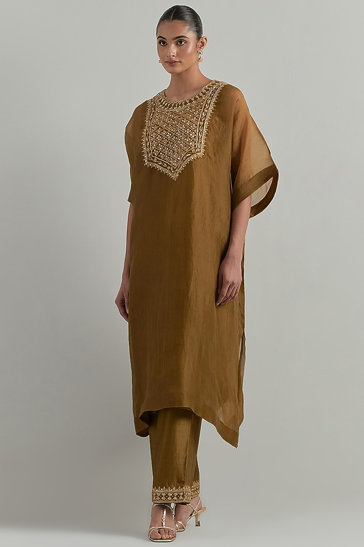 Mud Green Organza Hand Embroidered Kaftan Set by Ikshita Choudhary at Pernia's Pop Up Shop