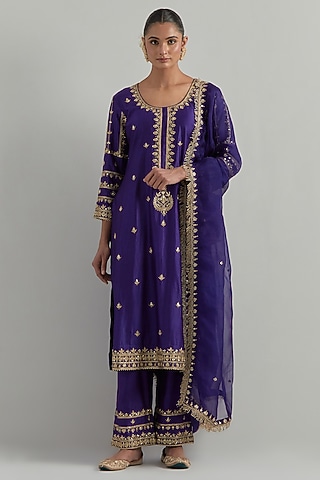 Purple Chanderi Hand Embroidered Kurta Set by Ikshita Choudhary