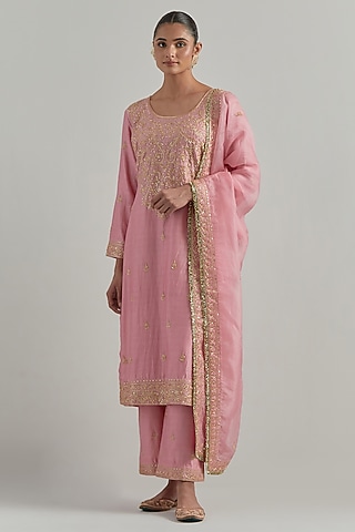 Pink Chanderi Hand Embroidered Kurta Set by Ikshita Choudhary