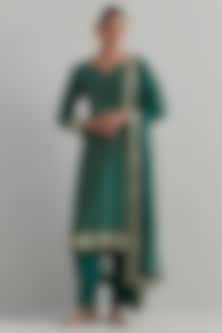 Green Chanderi Hand Embroidered Kurta Set by Ikshita Choudhary
