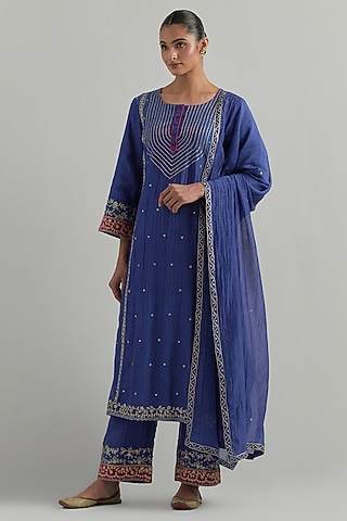 Blue Chanderi Hand Embroidered Kurta Set by Ikshita Choudhary