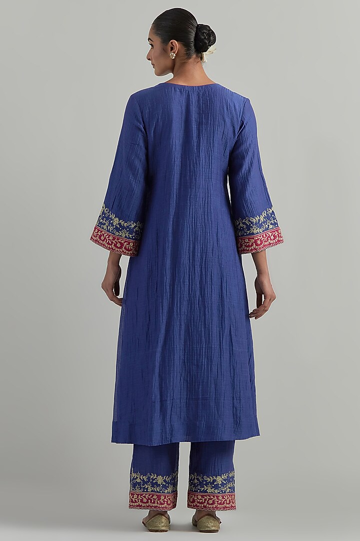 Blue Chanderi Hand Embroidered Kurta Set by Ikshita Choudhary at Pernia's Pop Up Shop