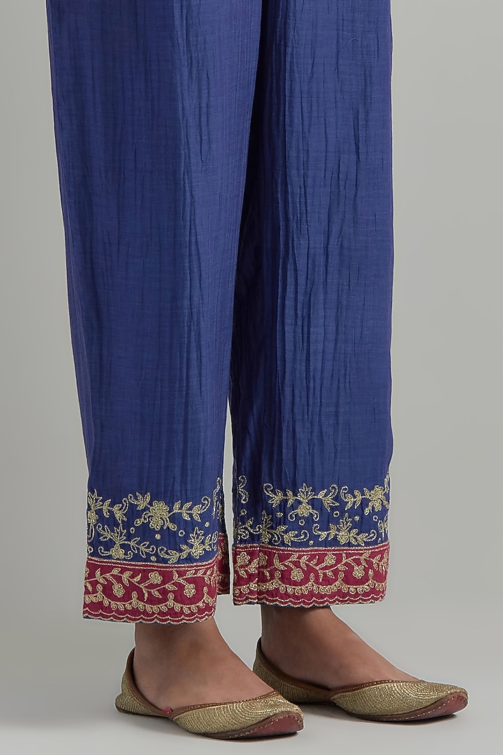 Blue Chanderi Hand Embroidered Kurta Set by Ikshita Choudhary at Pernia's Pop Up Shop